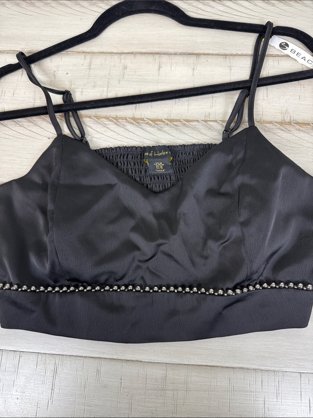 House of Harlow 1960 Black Satin Beaded Crop Cami Top Medium Y2K